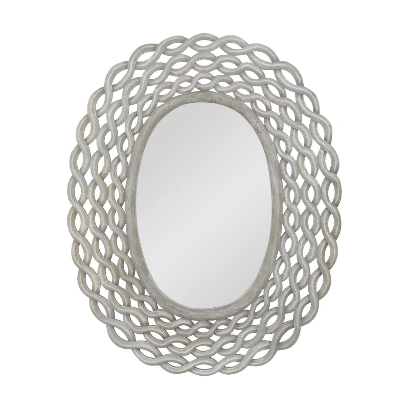 Modern Accent Wall Mirror with Handcrafted Design, Braided Border and Distressed Finish, 35.5" L x 0.7" W x 28" H, Grey
