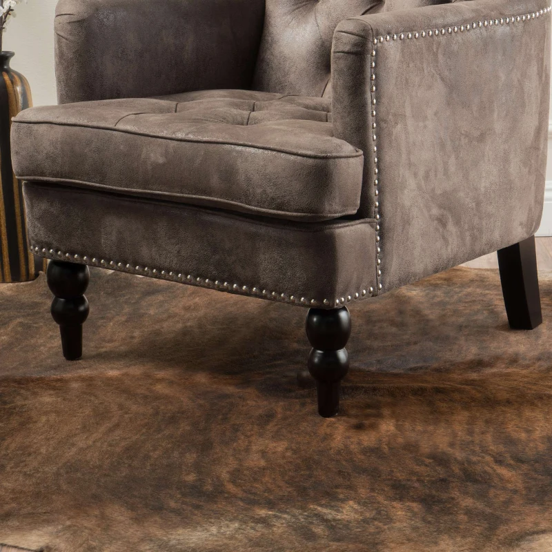 Modern Accent Tufted Club Chair with Rivet Design and Birch Wood Legs, Button Tufted Diamond Stitch, 28" L x 31.75" W x 35" H, Gray+Brown