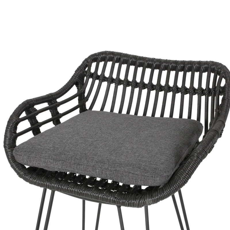 Outdoor Wicker Barstools Set of 2 with Cushions, Handcrafted Faux Rattan, Water-Resistant Fabric, Iron Frame, 22" L x 23.25" W x 38" H, Gray