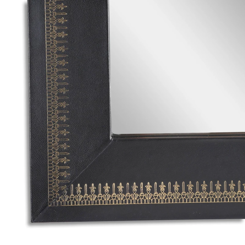 Boho Style Handcrafted Square Wall Mirror with Leather Frame and Gold Embossing, 23"x23", Black+Gold