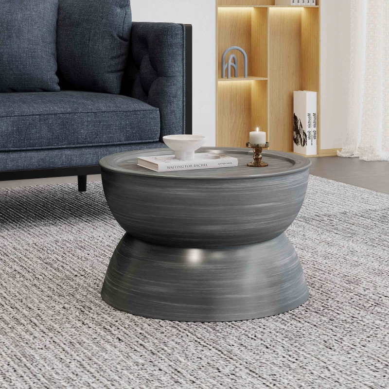 Modern Stunning Hourglass Coffee Table with Iron Frame, No Assembly Required, 24.5" L x 24.5" W x 15.25" H, Antique Silver