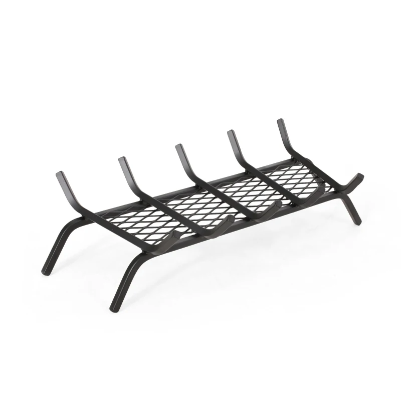 Mid Century Modern Iron Fireplace Log Holder, No Assembly Required, 27" L x 13" W x 6.5" H, Matte Black