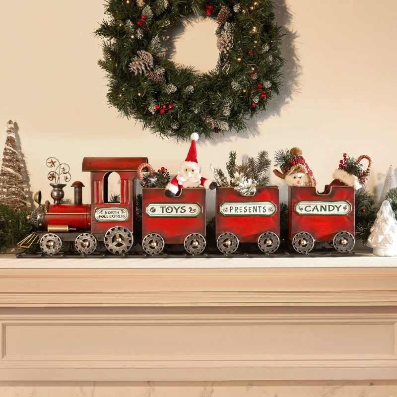 Dark Red Metal Train with Three Cars Decor, Collectible Model with Storage, 37.25"x7.6"x11", Red