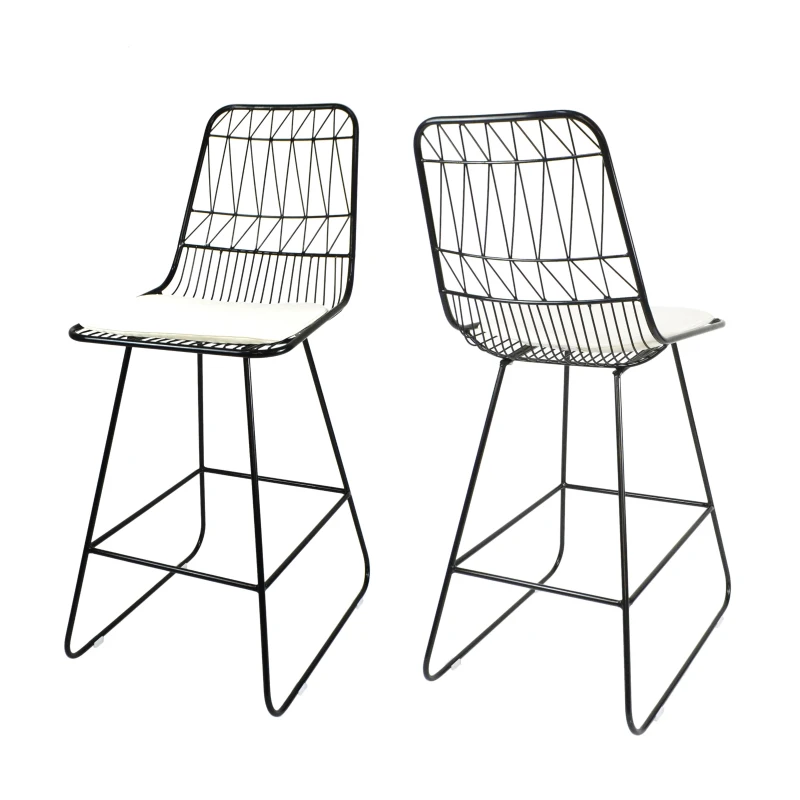 Modern Outdoor Wire Counter Stools Set of 2 with Cushions, Water-Resistant Fabric, Iron Frame, 18.25" L x 24.75" W x 42" H, Black+Ivory