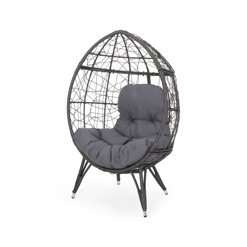 Outdoor Wicker Teardrop Chair with Water-Resistant Cushions, Faux Rattan Iron Frame, Handcrafted Detailing, 38.5" L x 30.75" W x 57.25" H, Gray