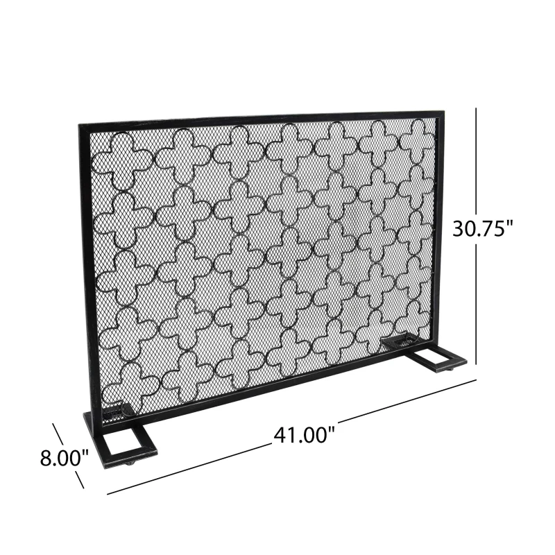 Modern Iron Fire Screen with Single Panel Design and Fine Mesh, Geometric Pattern, and Easy Assembly, 41" L x 8" W x 30.75" H, Black+Silver