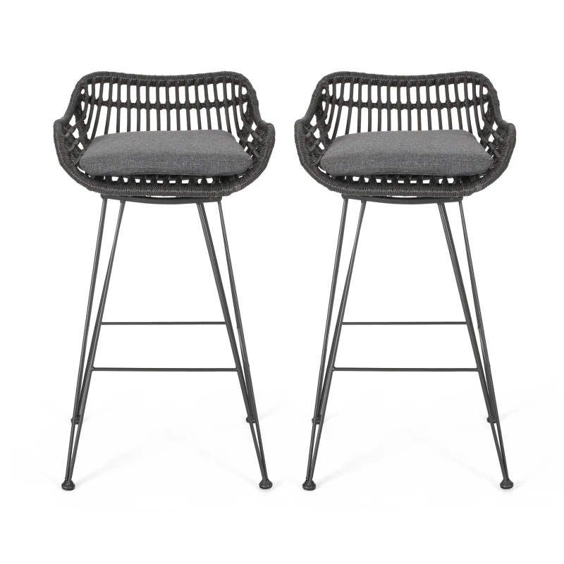 Outdoor Wicker Barstools Set of 2 with Cushions, Handcrafted Faux Rattan, Water-Resistant Fabric, Iron Frame, 22" L x 23.25" W x 38" H, Gray