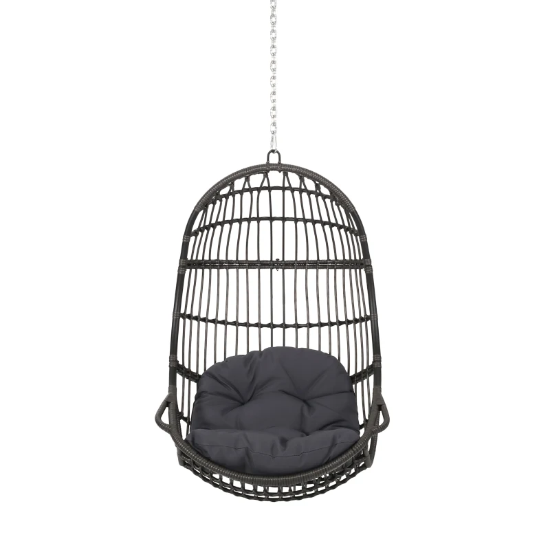 Outdoor/Indoor Wicker Swing Hanging Chair with 8ft Chain, Water-Resistant Cushions, Faux Rattan, 300 lbs Capacity, 30" L x 31.5" W x 44.5" H, Gray