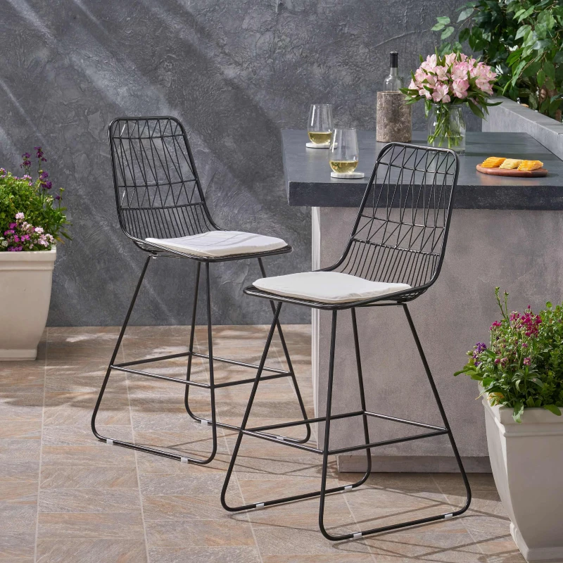 Modern Outdoor Wire Counter Stools Set of 2 with Cushions, Water-Resistant Fabric, Iron Frame, 18.25" L x 24.75" W x 42" H, Black+Ivory