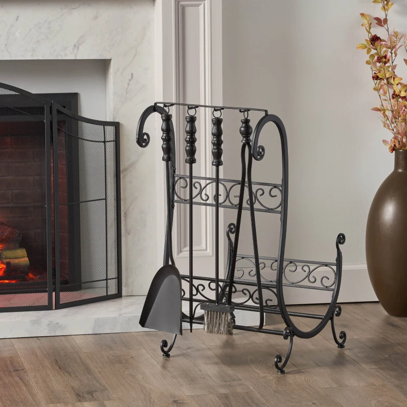 Fireplace Log Rack and Tool Set, Iron Construction with Shovel, Brush, Tongs, and Log Holder, 22" L x 16" W x 31" H, Matte Black