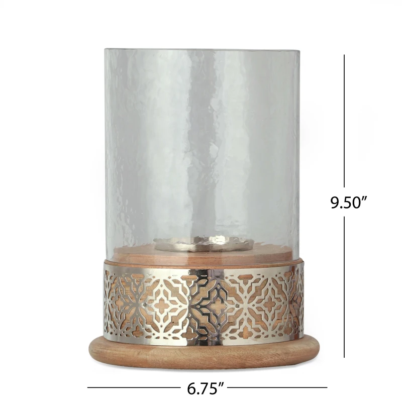Boho Handcrafted Mango Wood Hurricane Candle Holder with Tempered Glass Cover and Metal Accents, 6.75" x 6.75" x 9.5", Natural