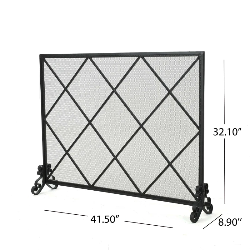 Modern Single Panel Iron Fireplace Screen with Durable Iron Frame, Rustproof Solid Free Standing Fire, 41.5" L x 8.9" W x 32.1" H, Black