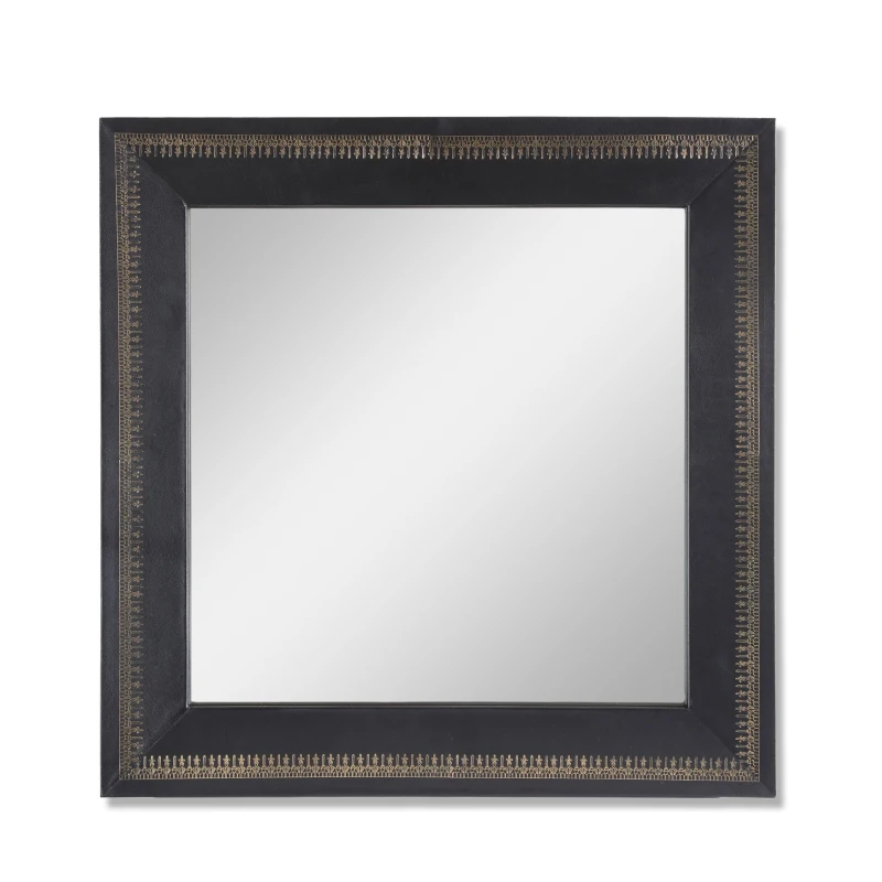 Boho Style Handcrafted Square Wall Mirror with Leather Frame and Gold Embossing, 23"x23", Black+Gold