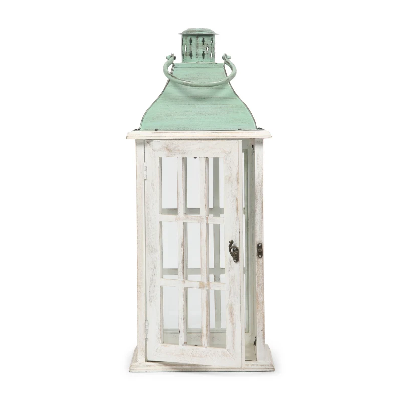 Handcrafted Mango Wood Decorative Lantern with Tempered Glass Panels, Coastal Finish, and Iron Handle, 10.25" L x 10.25" W x 24.5" H, White+Green