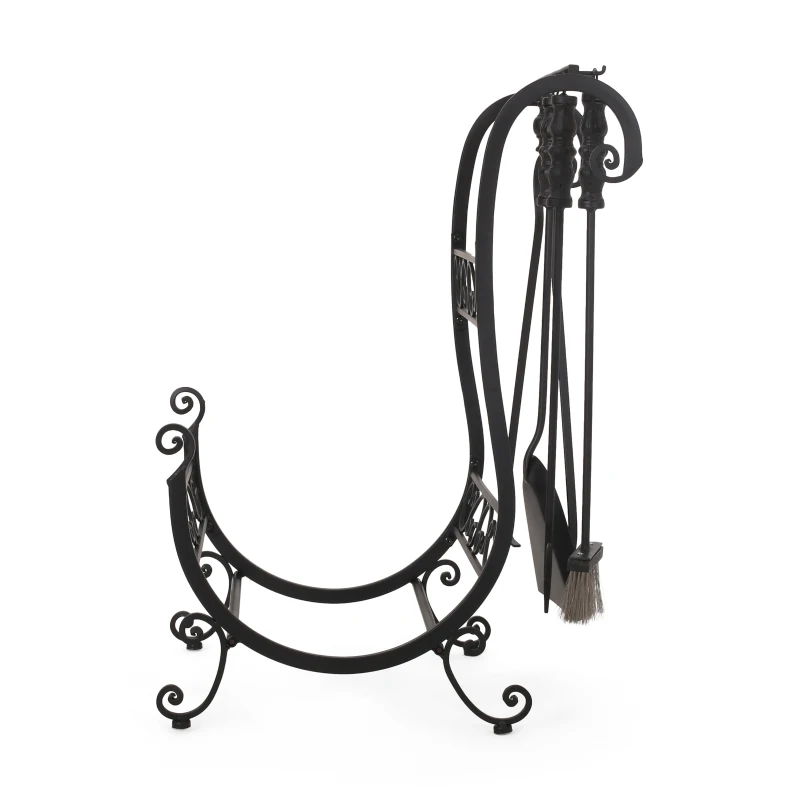 Fireplace Log Rack and Tool Set, Iron Construction with Shovel, Brush, Tongs, and Log Holder, 22" L x 16" W x 31" H, Matte Black