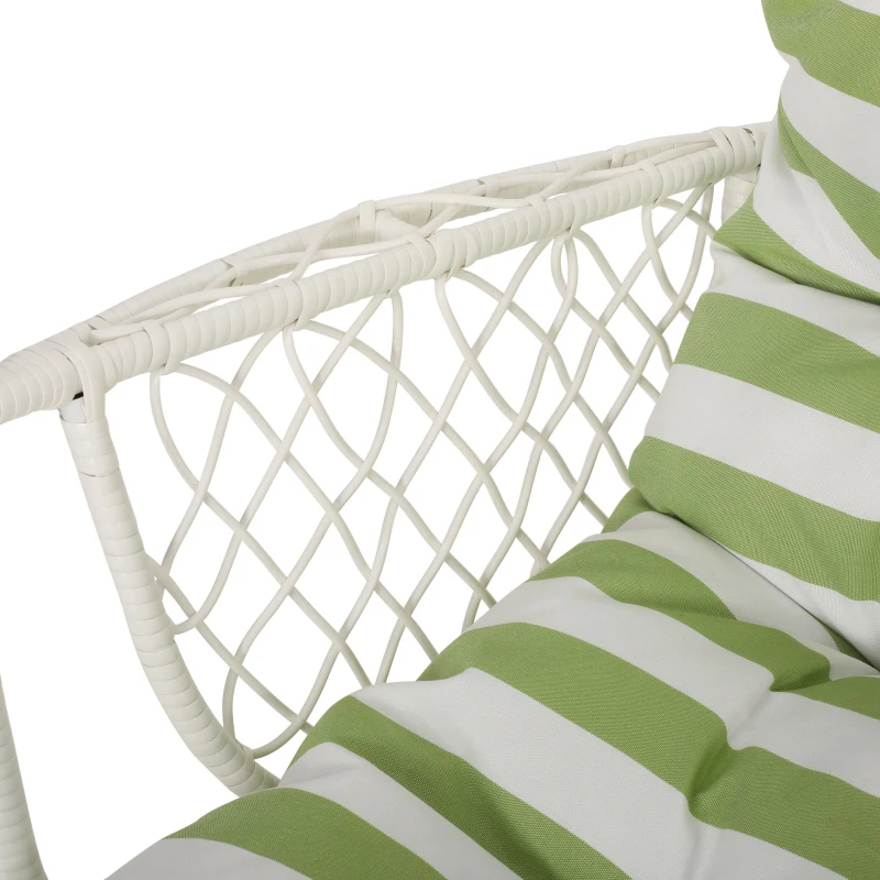 Outdoor/Indoor Wicker Hanging Chair with Water-Resistant Cushions and Faux Rattan, Professional Installation Required, 34.5" L x 25" W x 46.25" H, White+Green