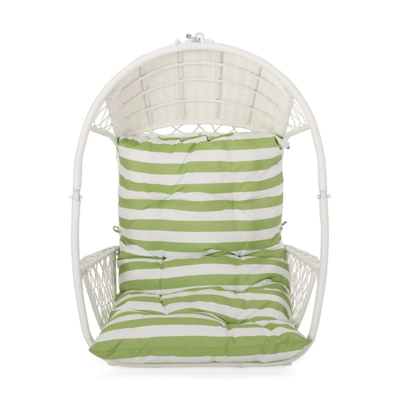Outdoor/Indoor Wicker Hanging Chair with Water-Resistant Cushions and Faux Rattan, Professional Installation Required, 34.5" L x 25" W x 46.25" H, White+Green