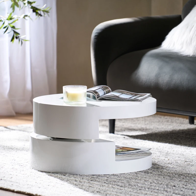 Modern Rotating Coffee Table with 2 Circular Swivel Levels, High Gloss Finish, 23.6" x 23.6" x 13", White