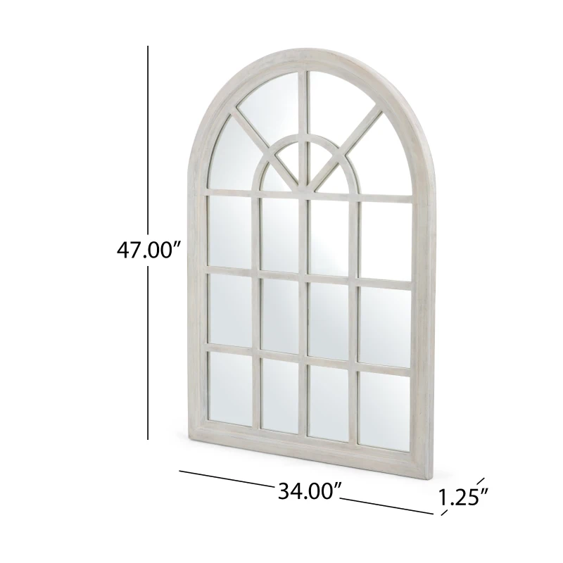 Traditional Arched Windowpane Mirror, Handcrafted Mango Wood Frame, Ready to Hang, 31" L x 1.25" W x 44" H, White
