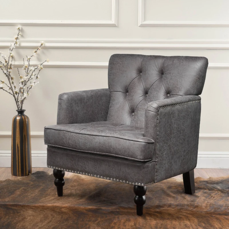 Modern Accent Tufted Club Chair with Rivet Design and Birch Wood Legs, Button Tufted Diamond Stitch, 28" L x 31.75" W x 35" H, Slate