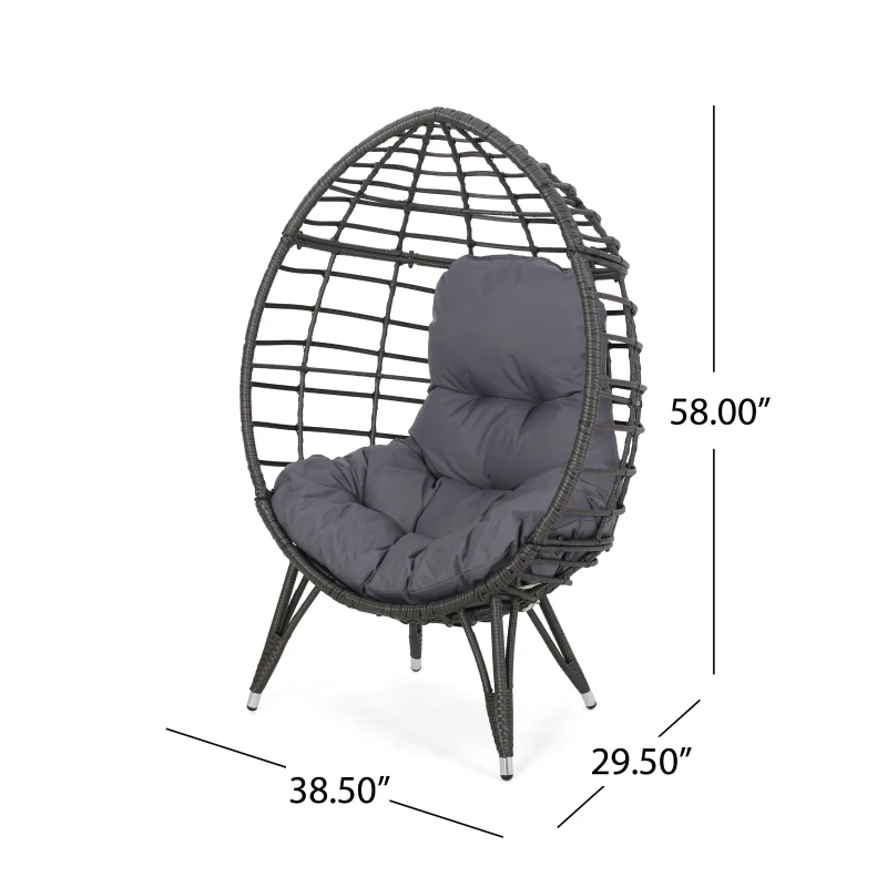 Vinsetto Indoor Teardrop Wicker Chair with Water-Resistant Cushions, Hand-Crafted Faux Rattan and Iron Frame, 38.5" L x 29.5" W x 58" H, Gray