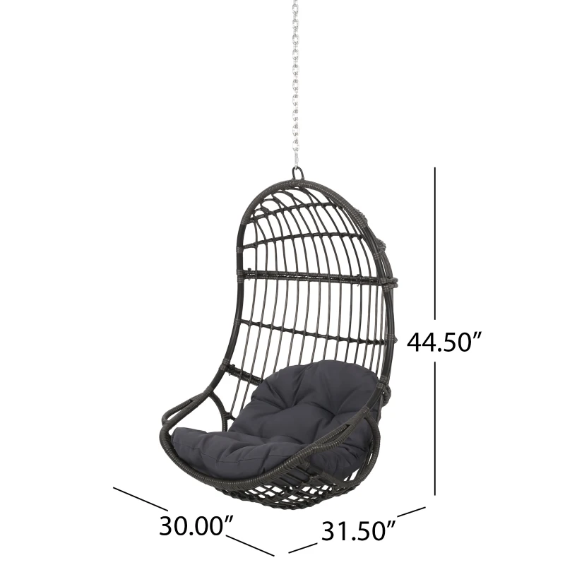 Outdoor/Indoor Wicker Swing Hanging Chair with 8ft Chain, Water-Resistant Cushions, Faux Rattan, 300 lbs Capacity, 30" L x 31.5" W x 44.5" H, Gray