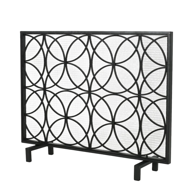 Stylish Single Panel Iron Fireplace Screen with Durable Iron Frame, Modern Overlapping Circle Design, 41.1" L x 9.25" W x 31.1" H, Black