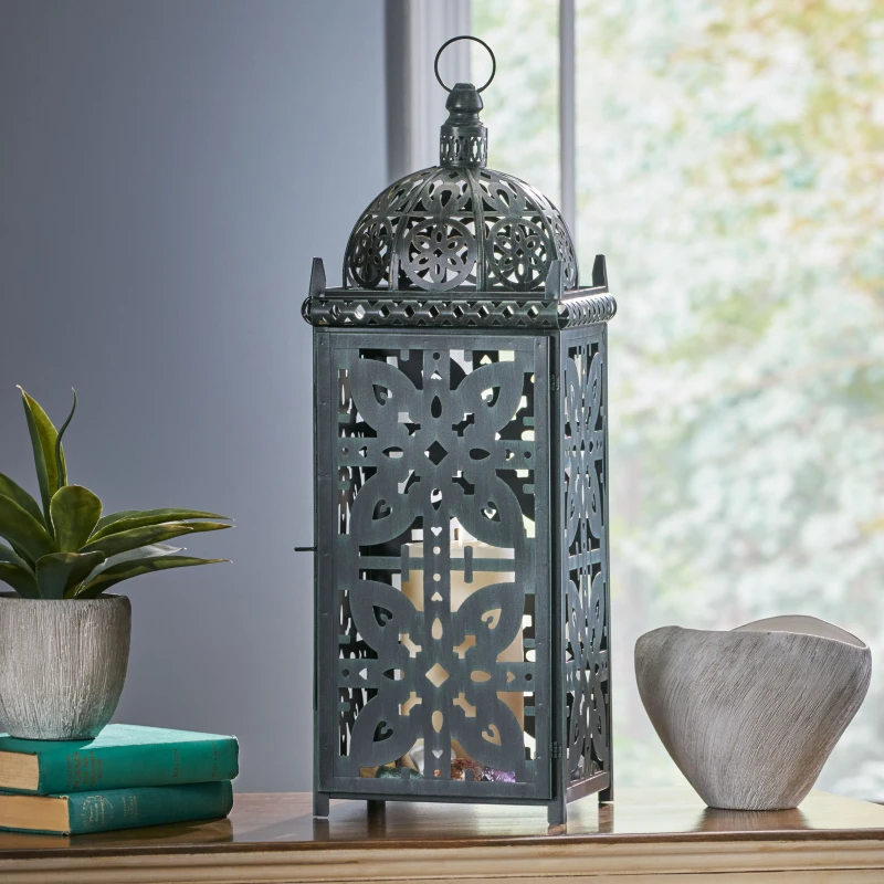 Large Indian Style Lantern with Green Patina and Black Finish, Hand-Crafted Iron, 8.25" L x 8.25" W x 23.25" H, Black