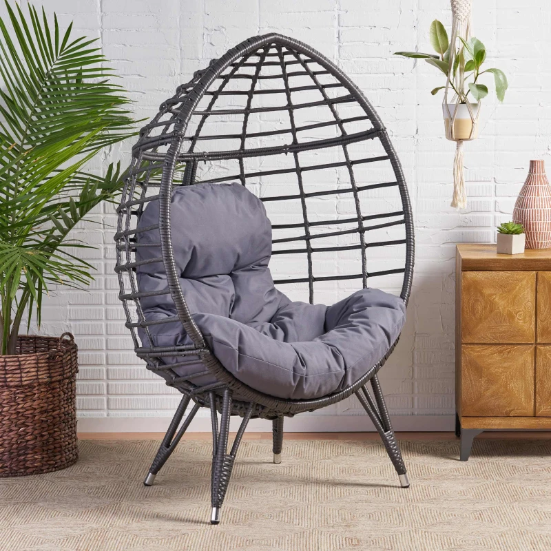 Vinsetto Indoor Teardrop Wicker Chair with Water-Resistant Cushions, Hand-Crafted Faux Rattan and Iron Frame, 38.5" L x 29.5" W x 58" H, Gray