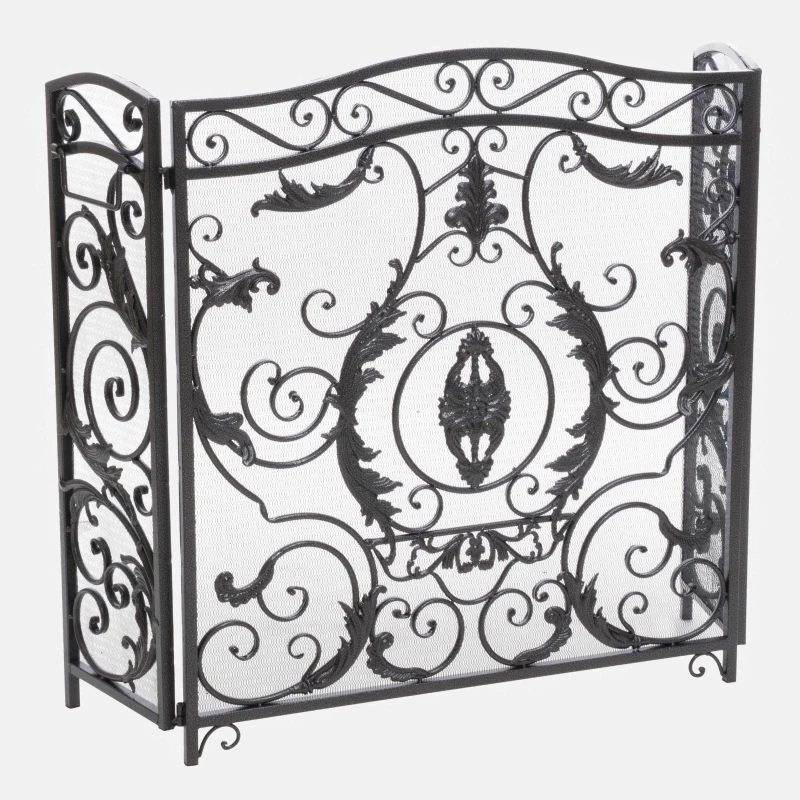Retro style Fireplace Screen with Ornate Floral Iron Design and Three-Panel, No Assembly Required, 53.5" L x 2" W x 36.5" H, Black+Silver