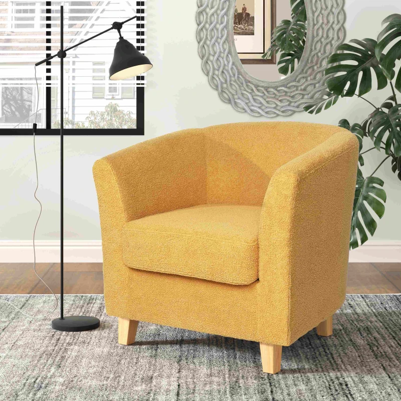 Contemporary Club Chair with Fabric Upholstery and Birch Wood Legs, Easy Assembly, 30.5"L x 29"W x 29.75"H, Mustard yellow