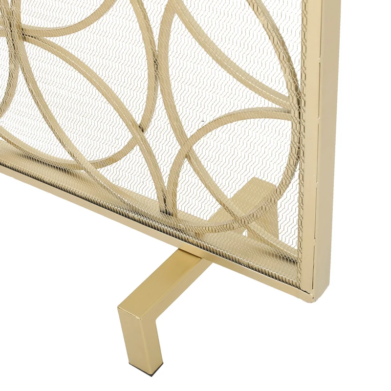 Stylish Single Panel Iron Fireplace Screen With Durable Iron Frame, Modern Overlapping Circle Design, 41.1" L x 9.25" W x 31.1" H, Gold