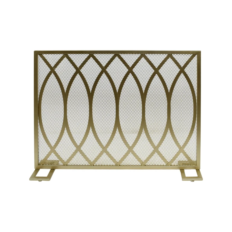 Modern Iron Fire Screen with Single Panel Design and Fine Mesh, Geometric Pattern, and Easy Assembly, 39.75" L x 8" W x 32.25" H, Gold