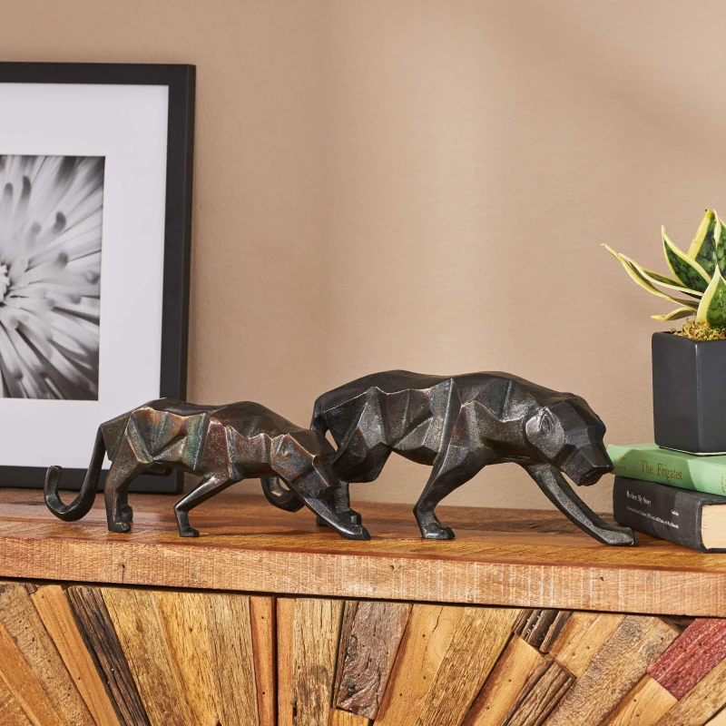 Handcrafted Aluminum Leopard Figurine Set, Sleek Geometric Design, Polished Black Finish, 2.5" L x 12" W x 5" H, Black