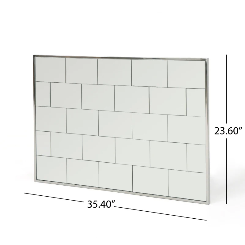 Rectangular Glam Brick Patterned Wall Mirror with Stainless Steel Frame, No Assembly Required, 23.6" L x 35.4" W x 0.78" H, Silver