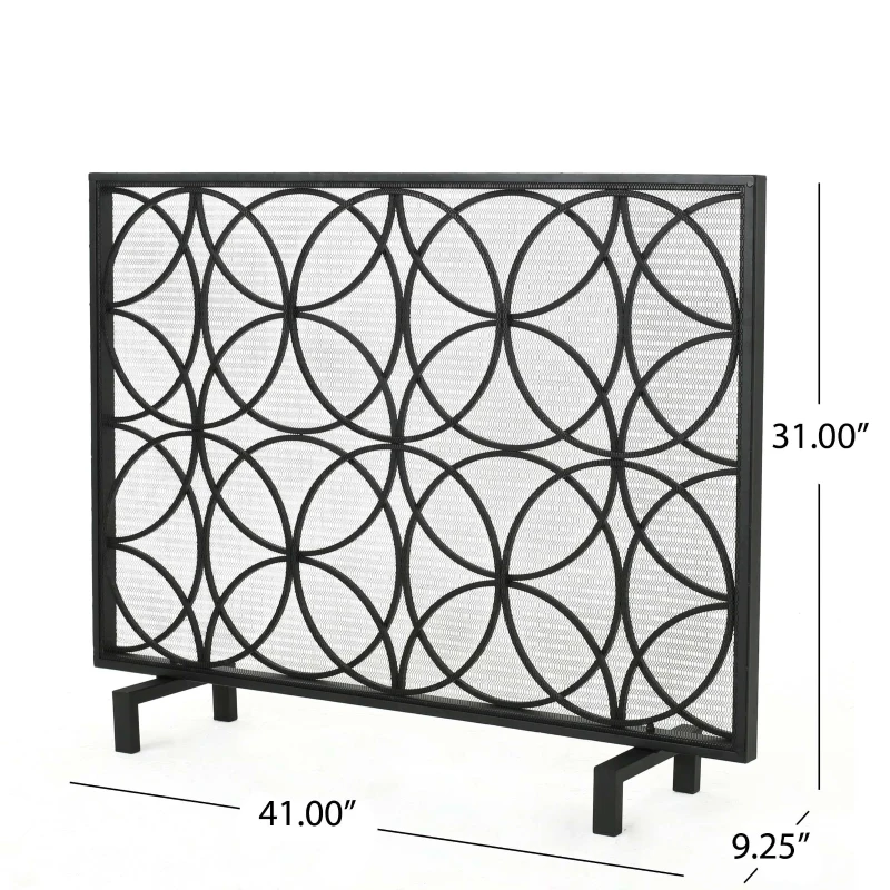 Stylish Single Panel Iron Fireplace Screen with Durable Iron Frame, Modern Overlapping Circle Design, 41.1" L x 9.25" W x 31.1" H, Black