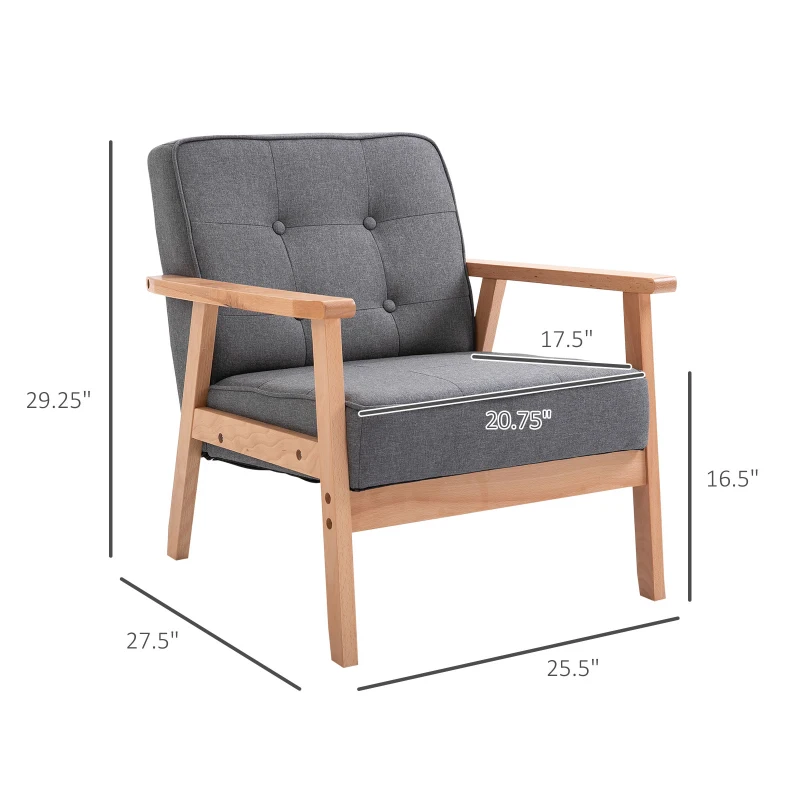 HOMCOM Mid-Century Modern Accent Chair, Linen Fabric Lounge Seat with Tufted Back, Padded Cushion, Grey