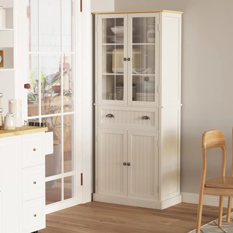 HOMCOM 72" Freestanding Kitchen Pantry Cabinet, Tall Storage Cabinet with Glass Doors, Drawer and Adjustable Shelves for Dining Room, Cream White