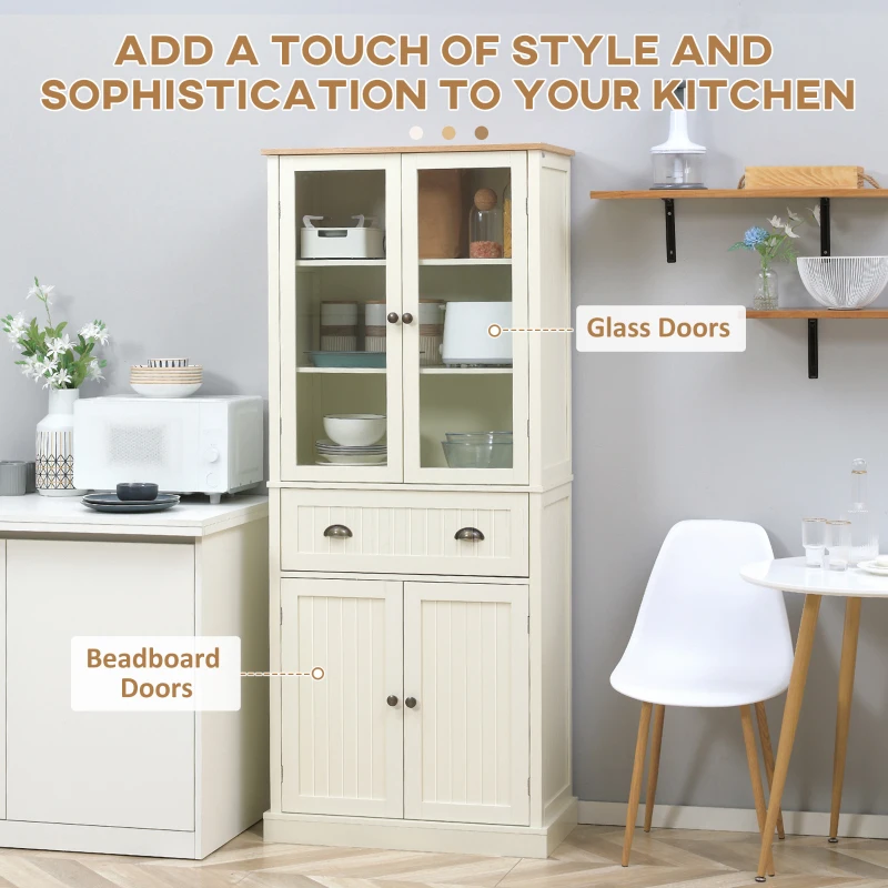 HOMCOM 72" Freestanding Kitchen Pantry Cabinet, Tall Storage Cabinet with Glass Doors, Drawer and Adjustable Shelves for Dining Room, Cream White