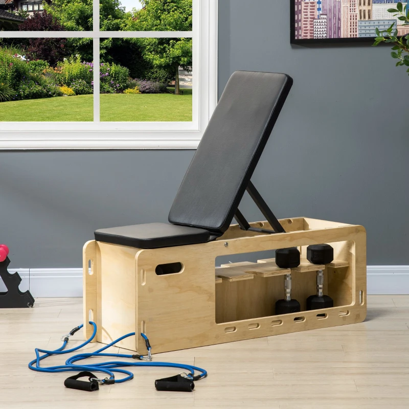 Soozier Wooden Workout Bench with Dumbbell Rack and Resistance Bands, Adjustable Incline Weight Bench for Home Gym(m-11)