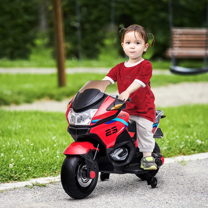 Aosom 12V Kids Electric Motorcycle with Training Wheels, Battery Power Ride on Motorbike, High-Traction at 3.7 Mph Top Speed, with Light Music, Red