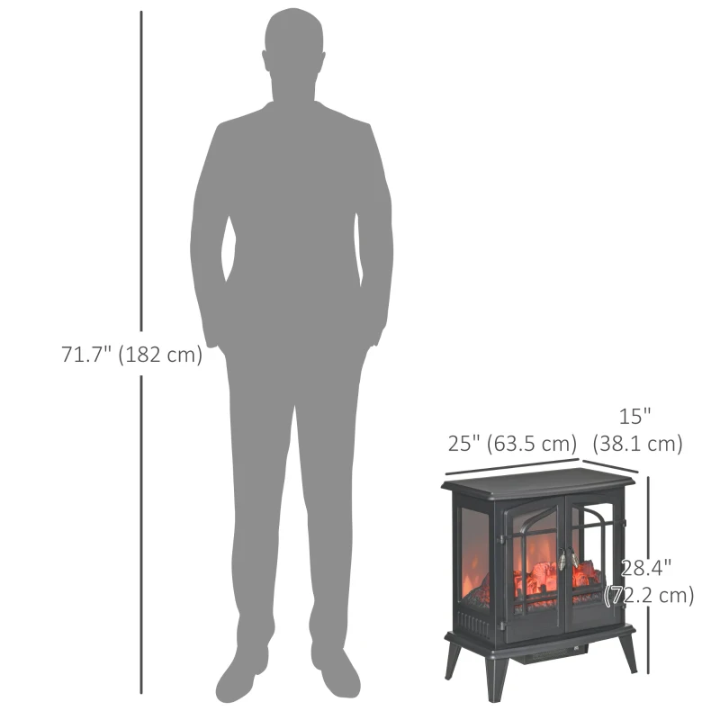 HOMCOM Electric Fireplace Stove, Freestanding Indoor Heater with Realistic Flame Effect, Adjustable Temperature and Overheat Protection, Black