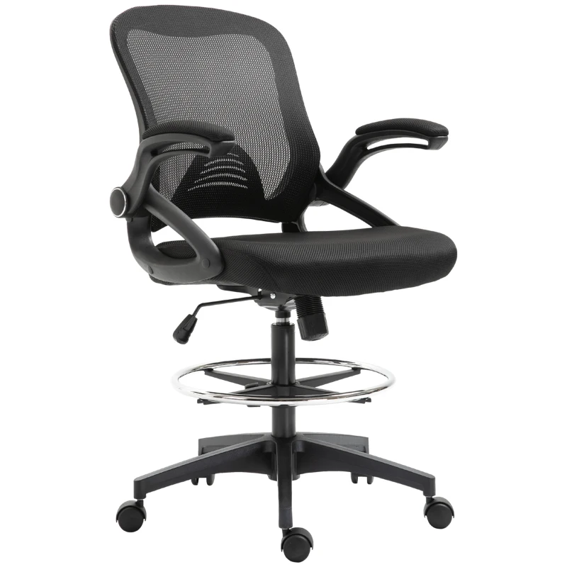 Vinsetto Adjustable Drafting Chair Tall Office Stand-Up Chair with Flip-up Armrest and Foot Ring, 360° Swivel, Black