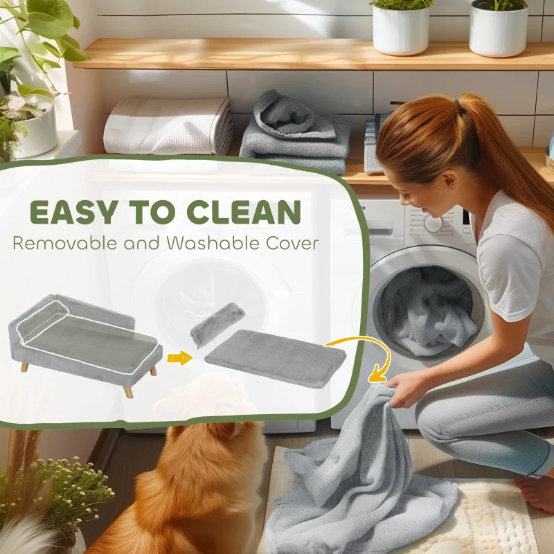PawHut Dog Sofa Bed for Medium Dogs Cats with Cushion, Pillow, Removable and Washable Cover, Non-slip Foot Pads, Light Grey