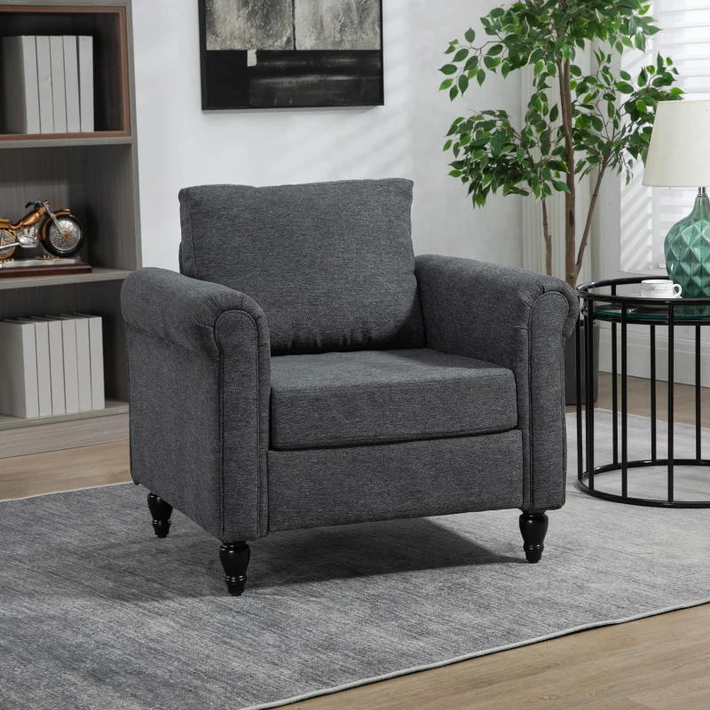 HOMCOM Vintage Armchair, Upholstered Accent Chair with Rolled Arms, Gourd-Shaped Rubber Wood Legs, Dark Grey