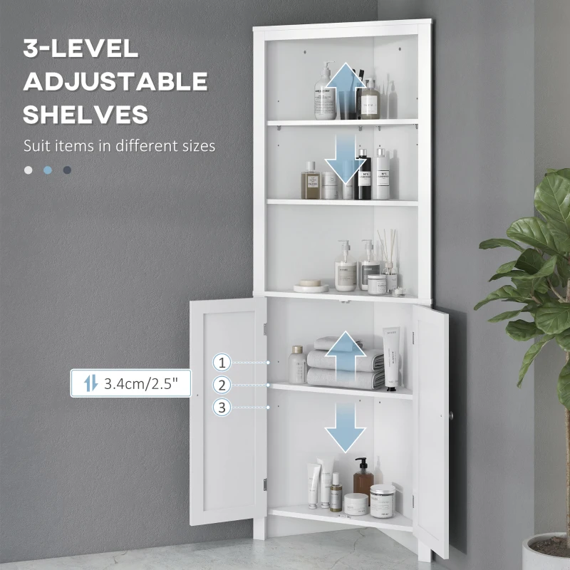 kleankin Tall Bathroom Storage Cabinet, Corner Cabinet with Doors, Linen Cabinet with Doors and 3-Tier Shelves, White