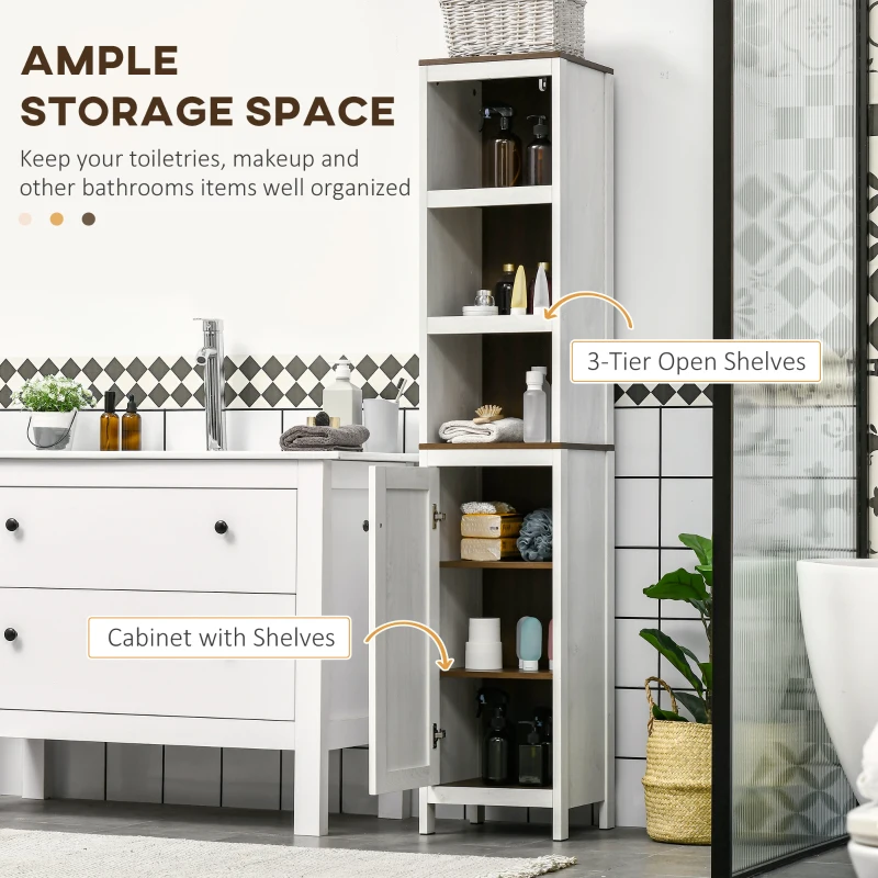 kleankin Tall Bathroom Storage Cabinet, Freestanding Tower Cabinet with 3 Open Shelves and Adjustable Shelf, Antique White