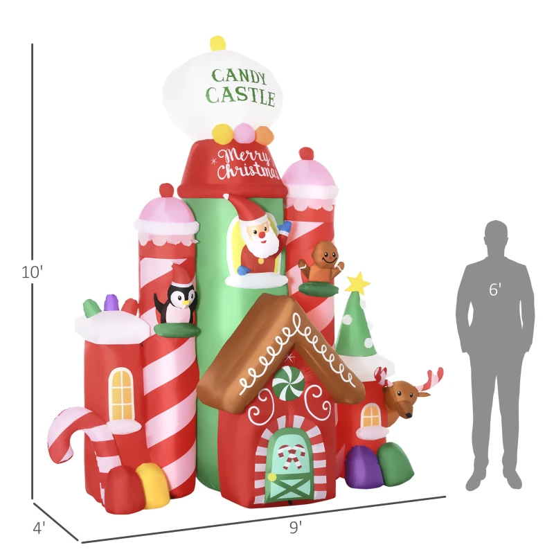 Outsunny 10ft Christmas Inflatables Outdoor Decorations Candy Castle, Blow-Up LED Yard Christmas Decor, Built-in Rotating Colorful Light for Garden, Lawn, Party