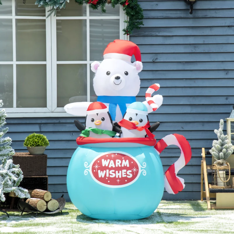 Outsunny 5ft Christmas Inflatables Outdoor Decorations Blessed Polar Bear and Penguins in the Cup, Blow-Up LED Yard Christmas Decor for Garden, Lawn, Party, Holiday
