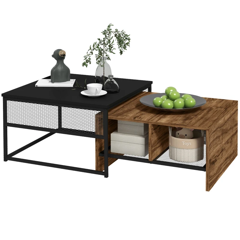 HOMCOM Coffee Table Set of 2, Industrial Nesting Tables, Square Coffee Table and Narrow Sofa Side Table for Living Room